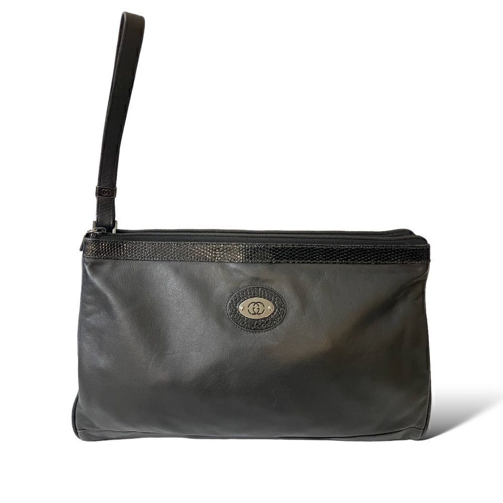 GUCCI Black Leather & Python Trim Vintage Clutch